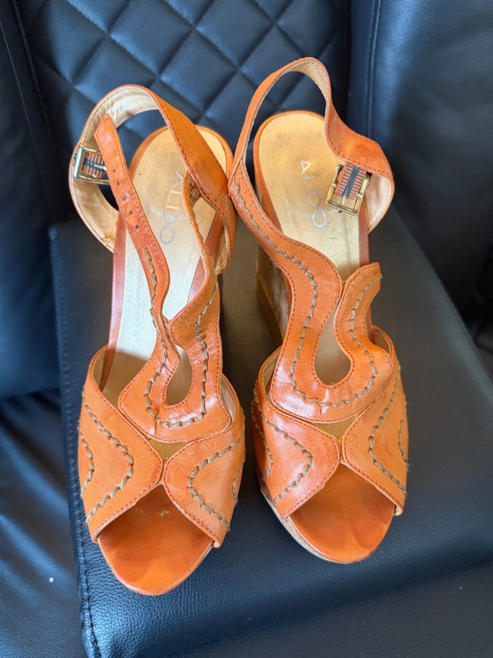Aldo Orange Leather Wedge Sandals with Slingback Buckle‎